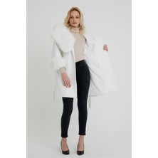 Nero Leather Fur Beyaz Kadın Kaşe Kaban Kapüşon ve Manşet Kürk Grp
