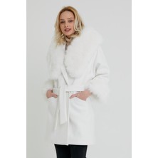 Nero Leather Fur Beyaz Kadın Kaşe Kaban Kapüşon ve Manşet Kürk Grp