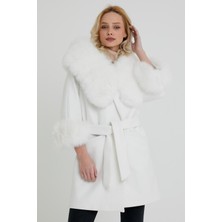 Nero Leather Fur Beyaz Kadın Kaşe Kaban Kapüşon ve Manşet Kürk Grp