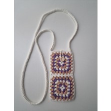 Hobi Kafe Beyaz-Mor El Örgüsü Motifli Telefon Çantası