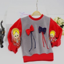 Berselüx Çift Fiyonklu Kız Çocuk Polar Sweatshirt Bisiklet Yaka Gri - Kırmızı 1- 10 Yaş