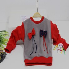 Berselüx Çift Fiyonklu Kız Çocuk Polar Sweatshirt Bisiklet Yaka Gri - Kırmızı 1- 10 Yaş
