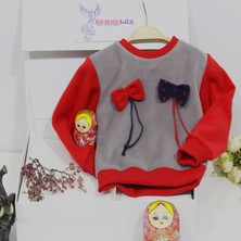 Berselüx Çift Fiyonklu Kız Çocuk Polar Sweatshirt Bisiklet Yaka Gri - Kırmızı 1- 10 Yaş