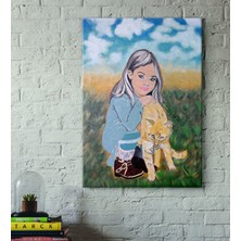 BK El Yapımı Küçük Kız ve Kedisi Akrilik Tuval Tablo (30X50 Cm)