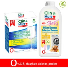 Clinmate 2'li Set Ekolojik Bulaşık Tableti 30'lu + Bitkisel Bebek Çamaşır Deterjanı Kokusuz 750 ml 20 Yıkama