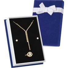 Forentina Altın Kaplama Su Yolu Kolye Küpe Yüzük Lacivert Kadife Kutuda Takı Seti PS3289