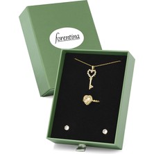 Forentina Altın Kaplama Anahtar Kolye Küpe Yüzük Yeşil Kutuda Takı Seti PS3299