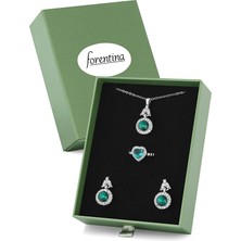 Forentina Gümüş Kaplama Yeşil Taşlı Kolye Küpe Yüzük Yeşil Kutuda Takı Seti PS3301