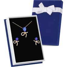 Forentina Altın Kaplama Lacivert Taşlı Kurdele Kolye Küpe Lacivert Kadife Kutuda Hediye Set PS3340