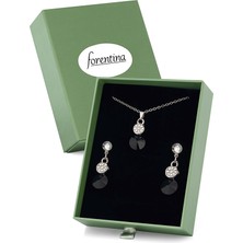 Forentina Gümüş Kaplama Siyah Taşlı Yuvarlak Kolye Küpe Yeşil Kutuda Hediye Takı Seti PS3348