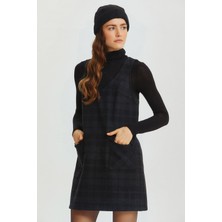 Clandestino V Yakalı Ekoseli Mini Elbise Gri