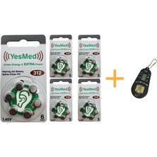 Yesmed Extra Power 312 Numara Işitme Cihazı Pili (5 Paket x 6 Adet = 30 Adet Pil) + Hediye Işitme Cihazı Pil Ölçer 1 Adet