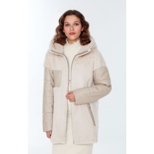 Derimod Chamonix Kadın Bej Kapüşonlu Şişme Peluş Deri Kaban