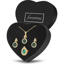 Forentina Altın Kaplama Yeşil Taşlı Kolye Küpe Yüzük Takı Seti PS3114