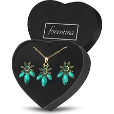 Forentina Altın Kaplama Yeşil Taşlı Kolye Küpe Takı Seti PS3098