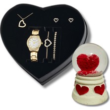 Forentina Altın Kaplama Kalpli Kolye Bileklik Küpe Saat - Kar Küresi Hediye Set PS3221