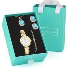 Forentina Altın Kaplama Turkuaz Taşlı Kolye Küpe Bileklik Saat Hediye Set PS3242