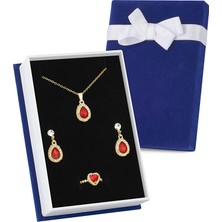 Forentina Altın Kaplama Kırmızı Taşlı Kolye Küpe Yüzük Lacivert Kadife Kutuda Hediye Set PS3286