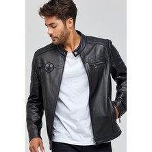 Derimod Kawhi Erkek Siyah Slim-Fit Armalı Deri Mont