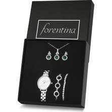 Forentina Gümüş Kaplama Yeşil Taşlı Kolye Küpe Bileklik Saat Hediye Set PS3144