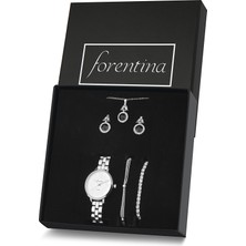 Forentina Gümüş Kaplama Siyah Taşlı Kolye Küpe Bileklik Saat Hediye Set PS3143