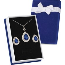 Forentina Gümüş Kaplama Lacivert Taşlı Kolye Küpe Lacivert Kadife Kutuda Hediye Set PS3287