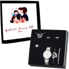 Forentina Gümüş Kaplama Çift Kalp Kolye Küpe Bileklik Yüzük Saat Öğretmenler Günü Hediye Set PS3209