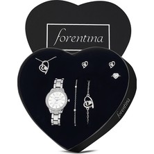 Forentina Gümüş Kaplama Kalp Kolye Küpe Bileklik Yüzük Saat Hediye Set PS3238