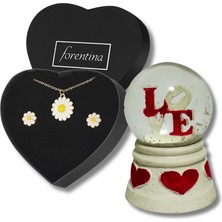 Forentina Altın Kaplama Papatya Kolye Küpe - Kar Küresi Hediye Set PS3218