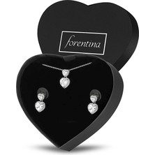 Forentina Gümüş Kaplama Çift Kalpli Kolye Küpe Takı Seti PS3229