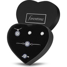 Forentina Gümüş Kaplama Nazar Boncuklu Kolye Bileklik Küpe Yüzük Kalpli Kutuda Takı Seti PS3262