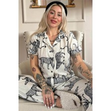 Pijama Evi Gepard Desenli Kısa Kol Önden Düğmeli Kadın Pijama Takımı