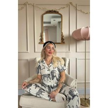 Pijama Evi Gepard Desenli Kısa Kol Önden Düğmeli Kadın Pijama Takımı
