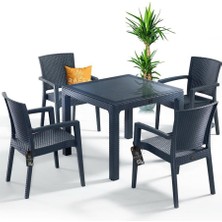 Nar Sokağı Zeugma Antrasit 90X90 cm Camlı Rattan Bahçe Balkon Masa Takımı
