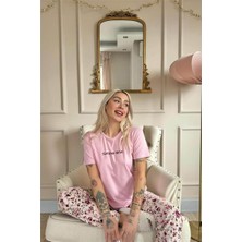 Pijama Evi Pembe Summer Time Desenli Kısa Kollu Örme Kadın Pijama Takımı