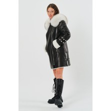 Nero Leather Fur Içi Beyaz Kürk Dışı Siyah Kuzu Derisi Kapüşonlu Kadın Deri Kaban HN114IK