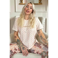 Pijama Evi Bej Vintage Desenli Kısa Kollu Örme Kadın Pijama Takımı