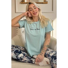 Pijama Evi Mint Love Is Love Desenli Kısa Kollu Örme Kadın Pijama Takımı
