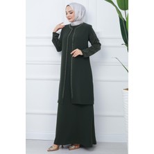 Hafsa Mina Kolları Taşlı Büyük Beden Anne Elbisesi Haki HM2349