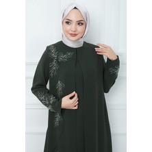 Hafsa Mina Büyük Beden Yaprak Taşlı Anne Elbisesi Haki HM2350