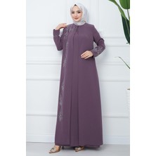 Hafsa Mina Büyük Beden Yaprak Taşlı Anne Elbisesi Mürdüm HM2350