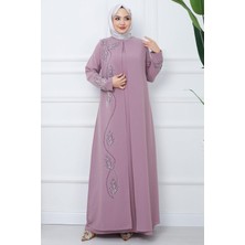 Hafsa Mina Büyük Beden Yaprak Taşlı Anne Elbisesi Pembe HM2350