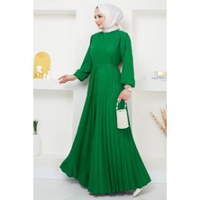 Hafsa Mina Lazer Baskılı Piliseli Elbise Zümrüt Yeşili HM2367