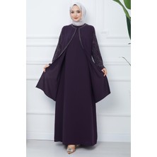Hafsa Mina Kolları Taşlı Büyük Beden Anne Elbisesi Mor HM2349