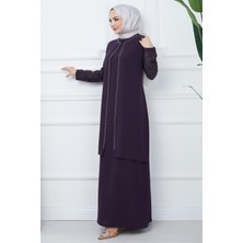 Hafsa Mina Kolları Taşlı Büyük Beden Anne Elbisesi Mor HM2349
