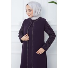 Hafsa Mina Kolları Taşlı Büyük Beden Anne Elbisesi Mor HM2349