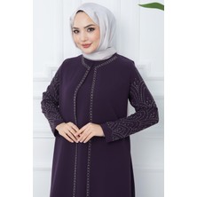 Hafsa Mina Kolları Taşlı Büyük Beden Anne Elbisesi Mor HM2349