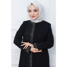 Hafsa Mina Işıl Taş Detaylı Büyük Beden Ferace Siyah HM2351