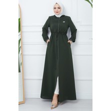 Hafsa Mina File Kapşonlu Bağlamalı Ferace Haki HM2360