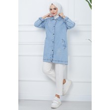 Hafsa Mina Taş Baskılı Kot Ceket Mavi HM2377